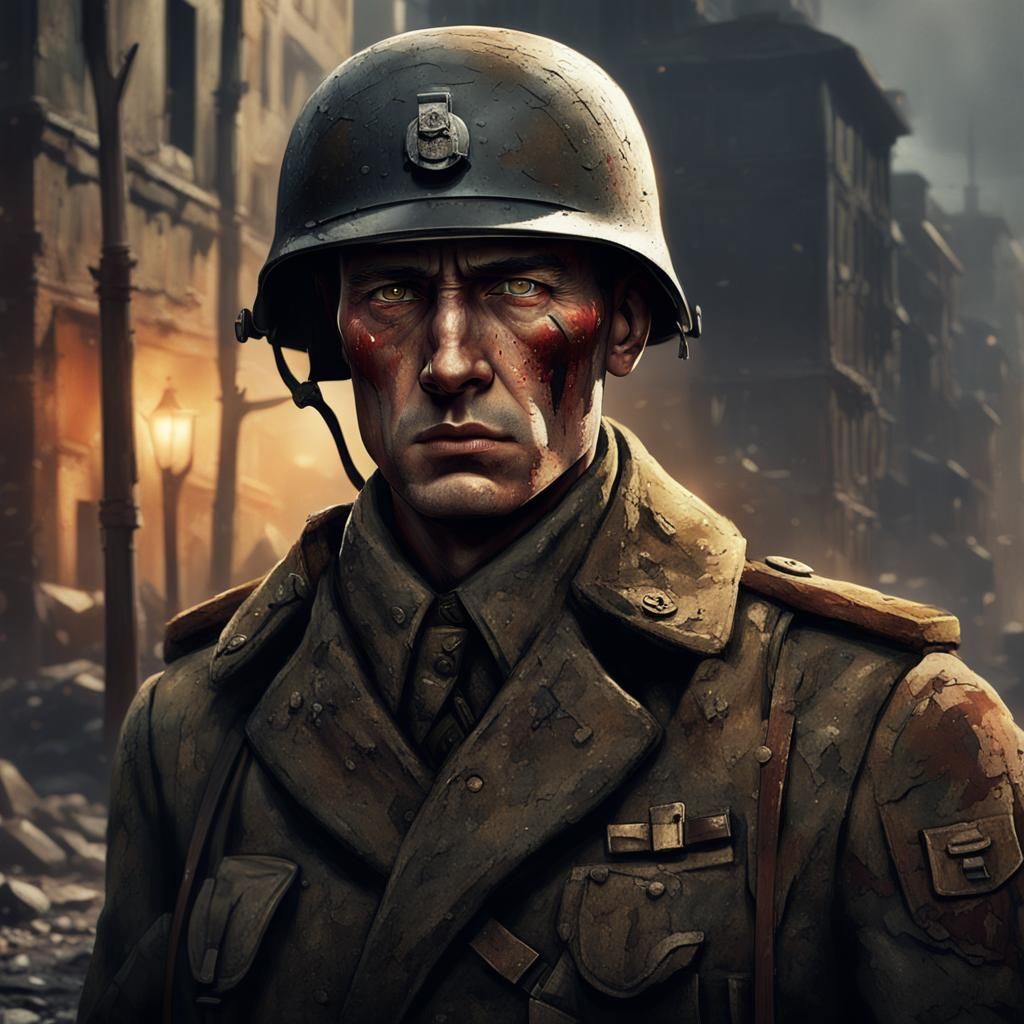 World War II German Soldier in War-Torn City