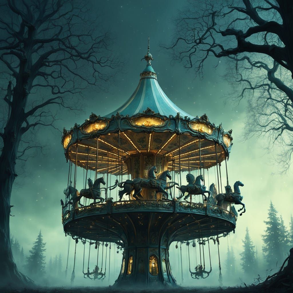 Surreal Carousel in a Moonlit Forest: Ethereal Horses and Ha...