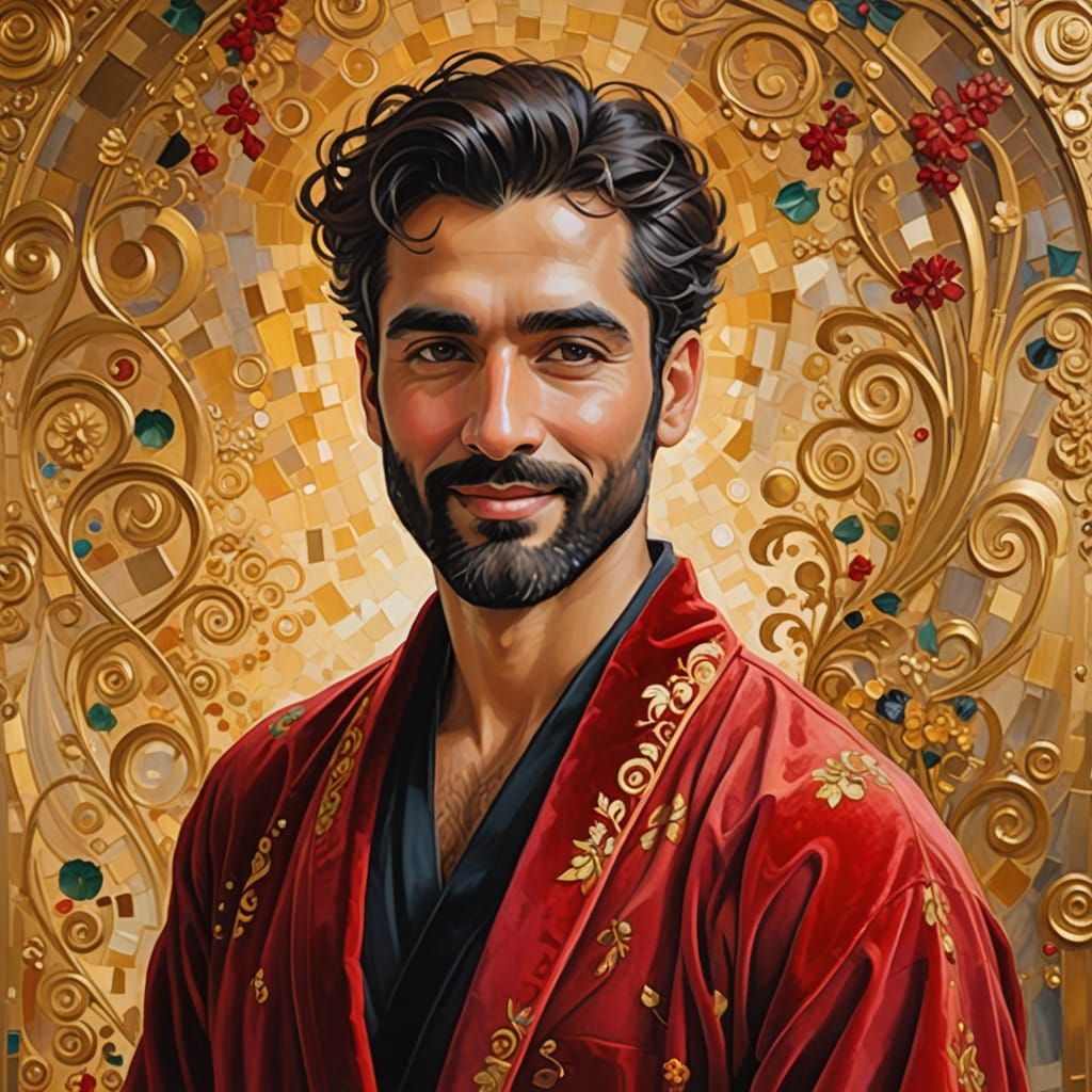 Joyous Man in Red Velvet Robe, Klimt-Inspired Portrait
