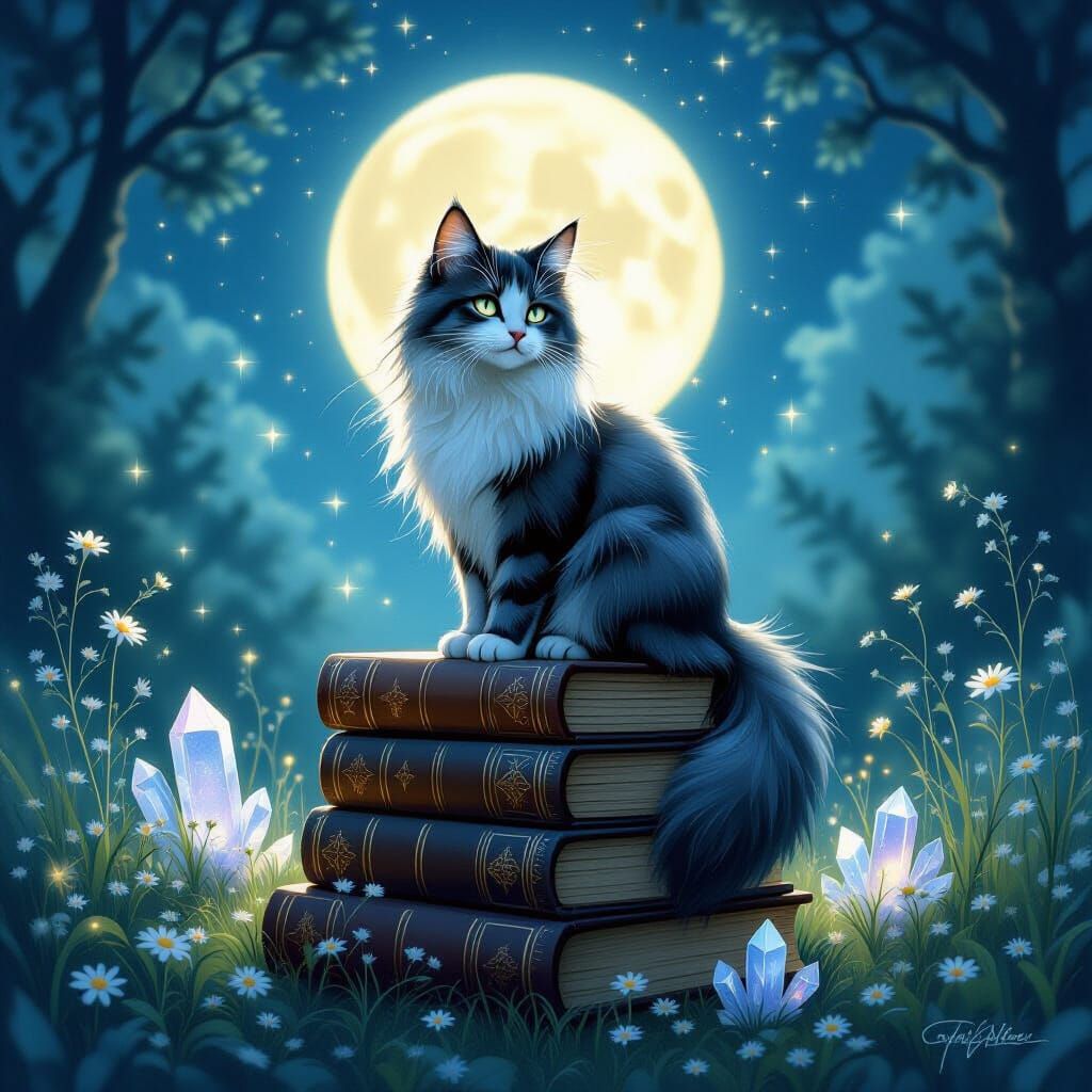 Starlight Cat on Ancient Books in Moonlit Glade