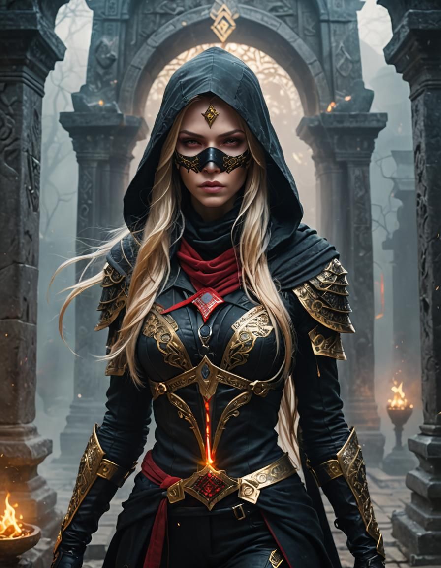 Fantasy Assassin in Ancient Stone Temple
