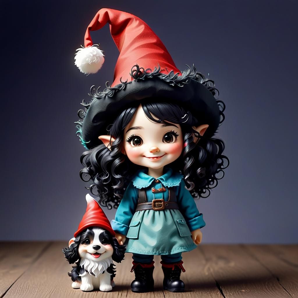 Whimsical Gnome Girl Illustration with Dog