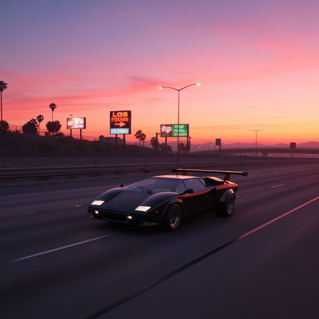Black Lamborghini Countach Races LA Interstate at Sunset