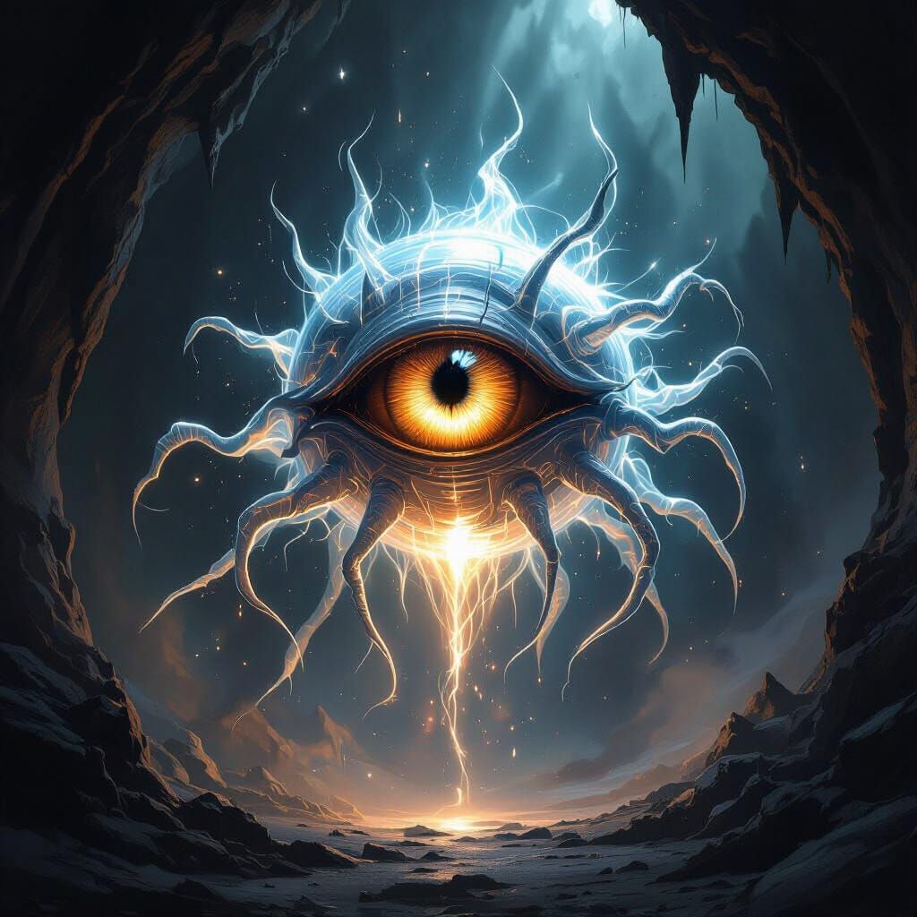 Ghostly Beholder with Copper Iris Emitting Ethereal Rays