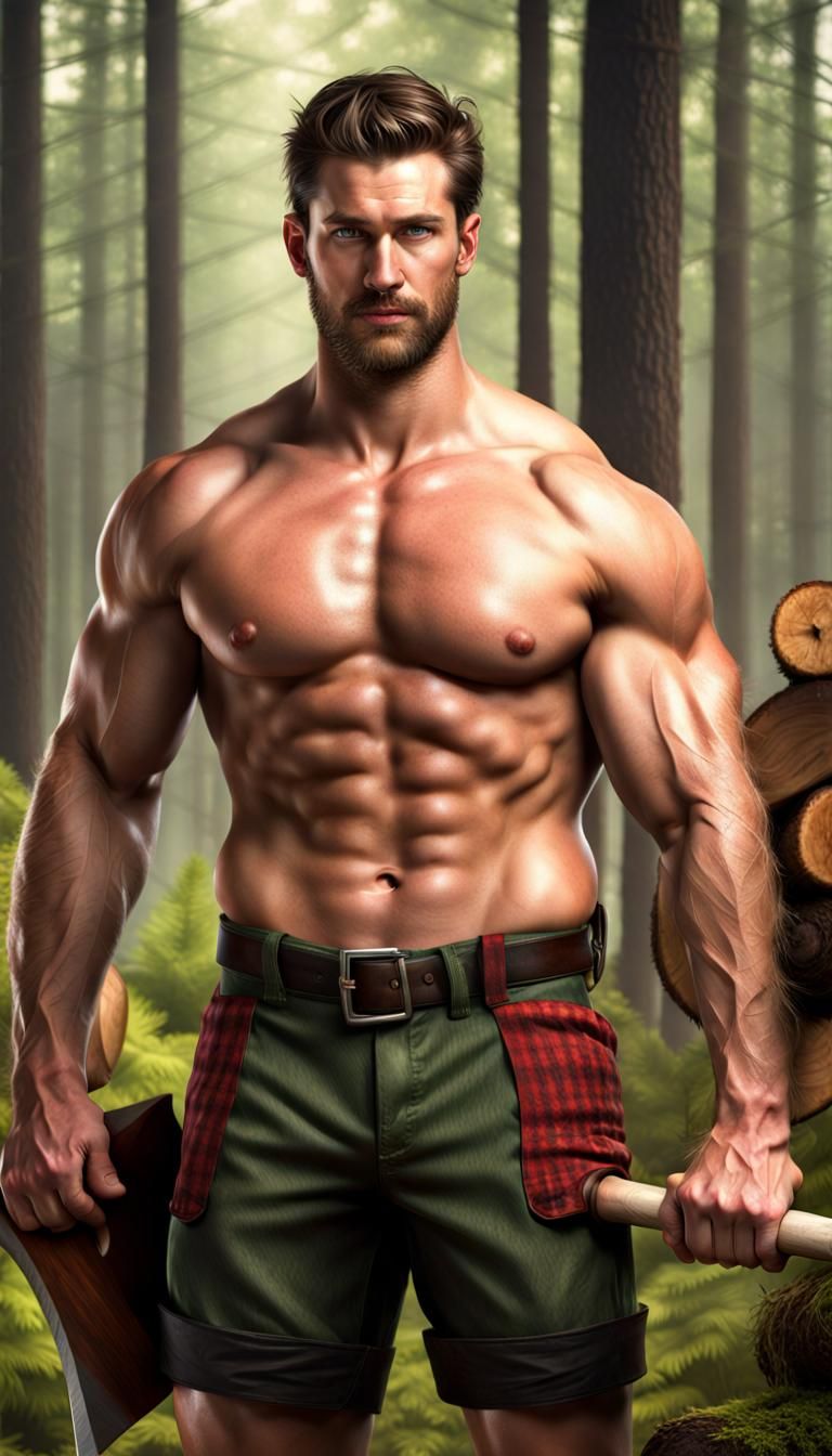 Handsome Lumberjack with Axe in Forest, Photorealistic