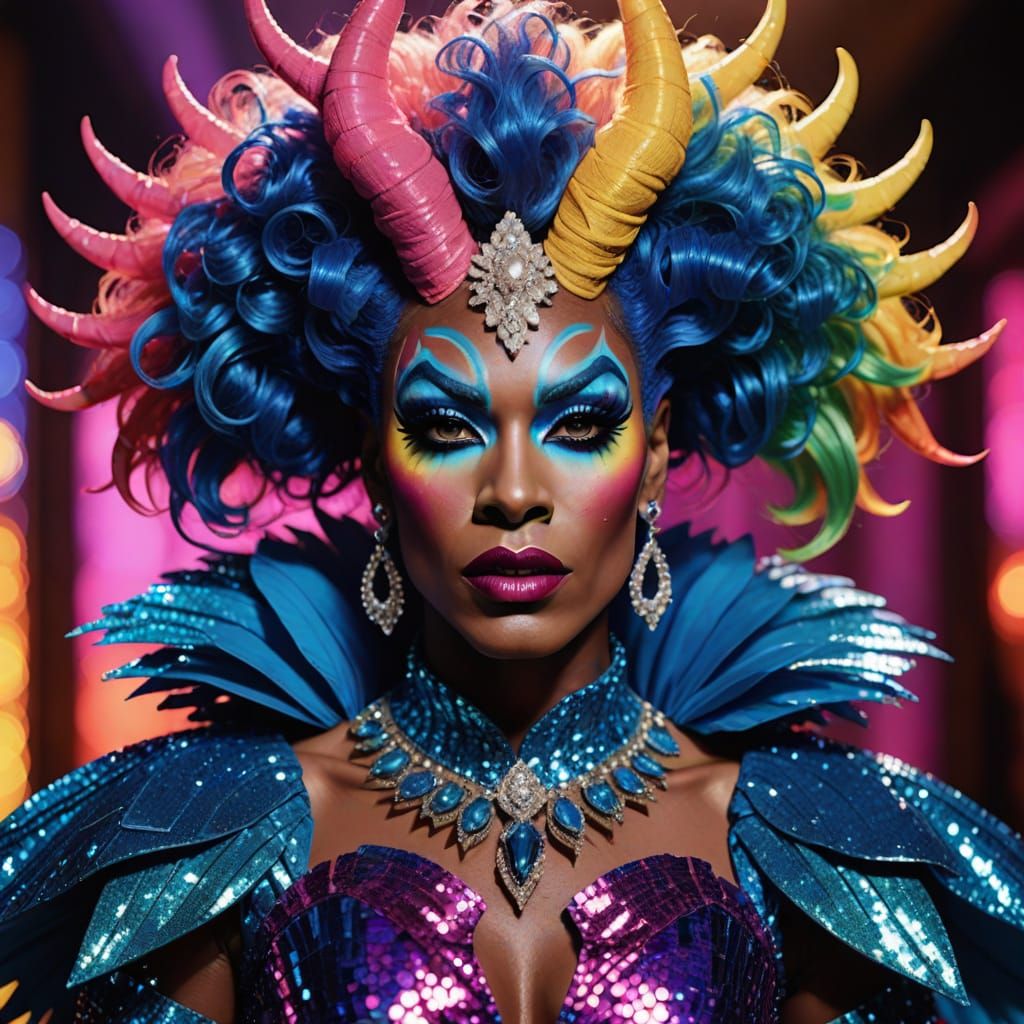 Vibrant Rainbow Demon Drag Queen in Dramatic Pose