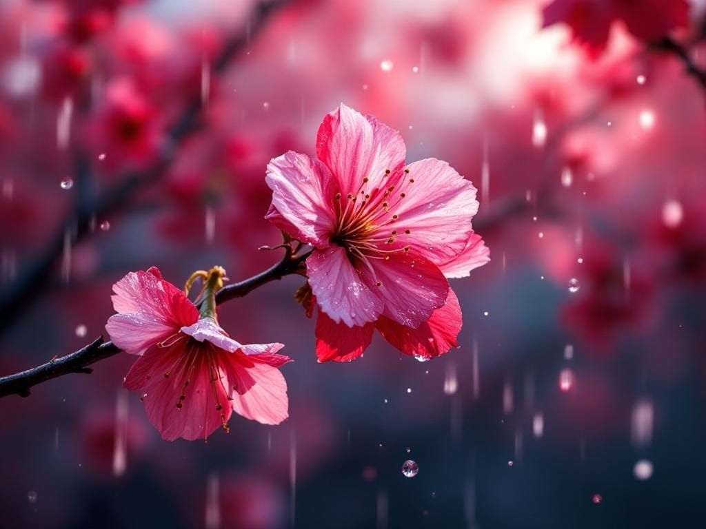 Crimson Cherry Blossom Branch in Rain, Digital Painting