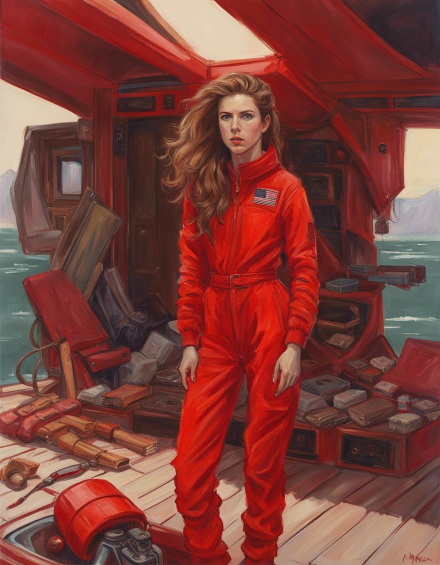 Woman in Space Suit on Lakeside Patio