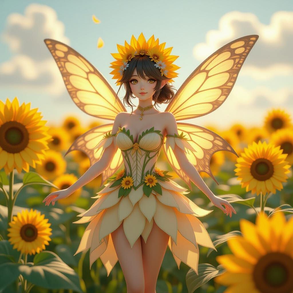 Sunflower Fairy in Anime Style in Sunflower Field