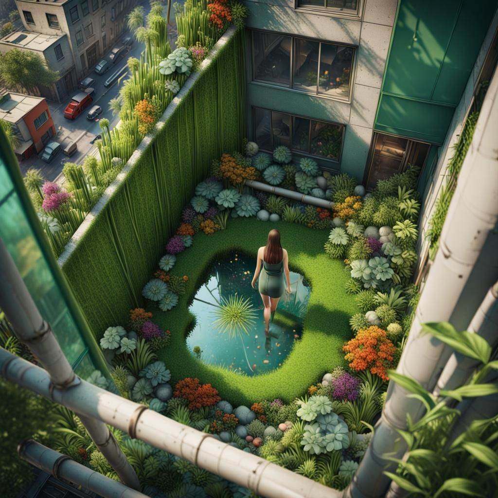 Futuristic Urban Garden Through Broken Glass in 3D