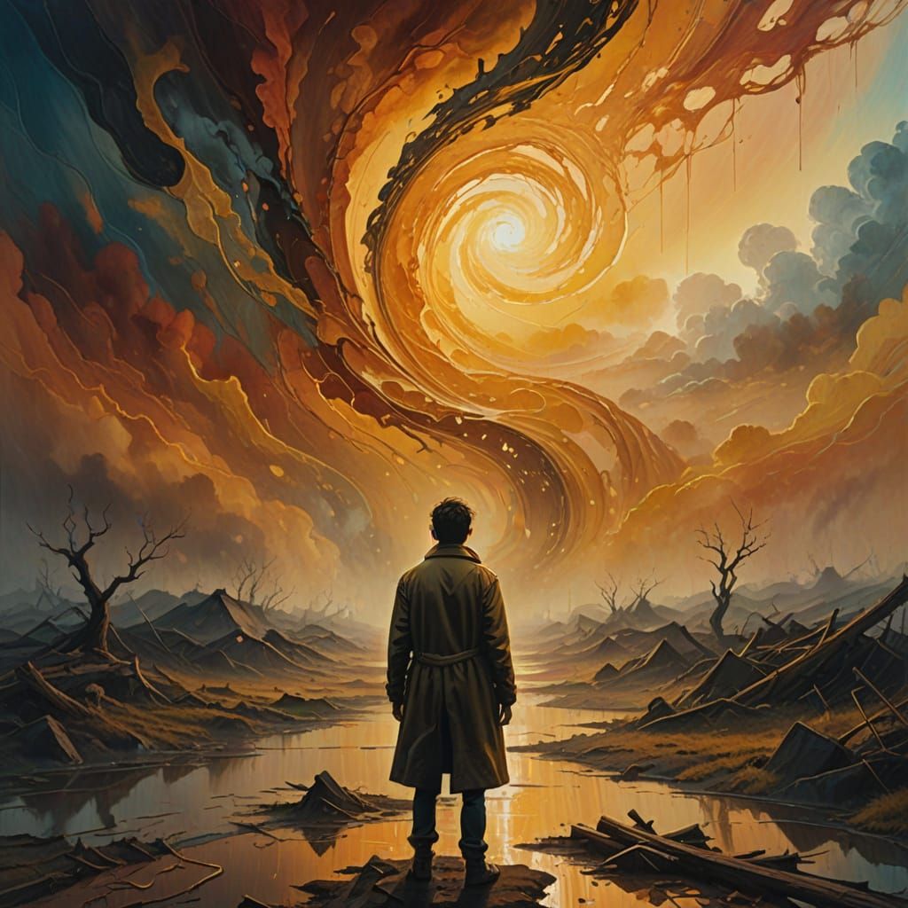 Lonely Figure in Surreal Apocalyptic Landscape