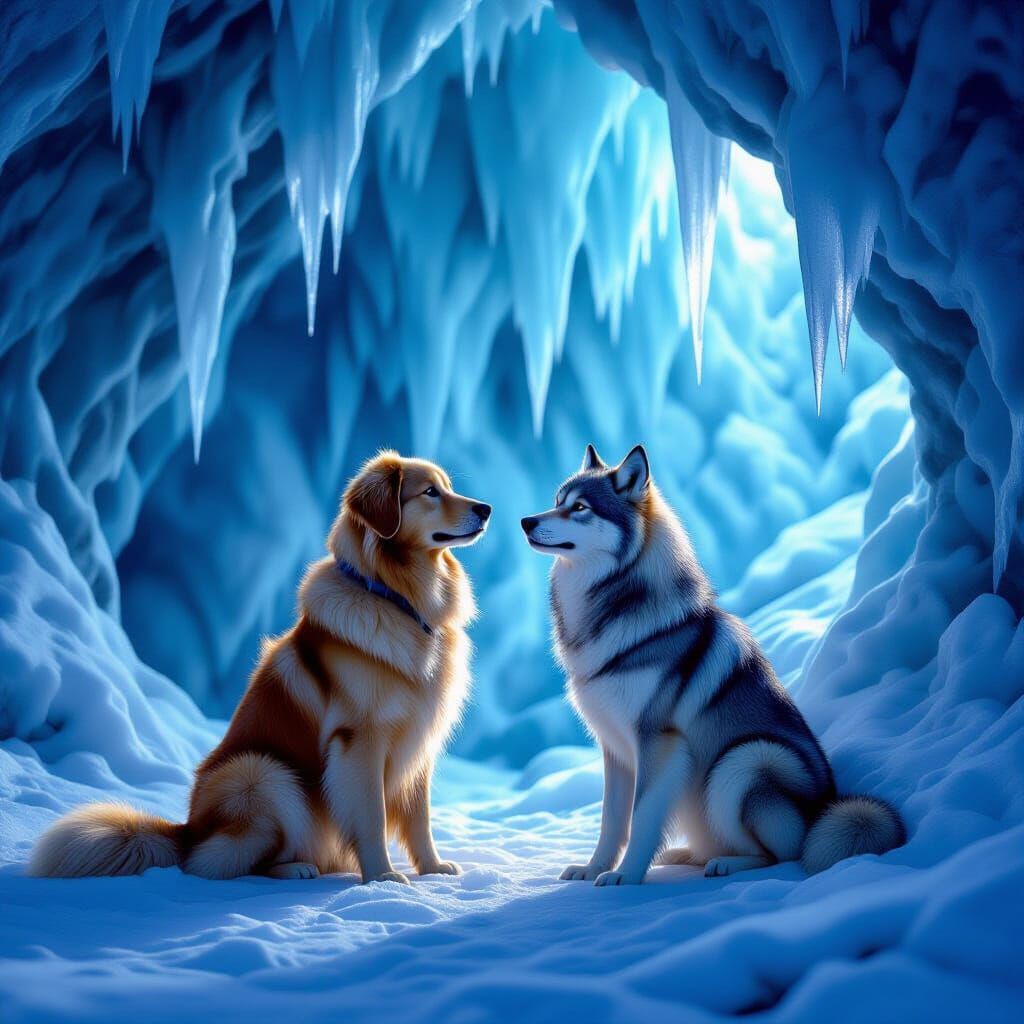 Golden Retriever and Wolf in Snowy Cave Digital Painting