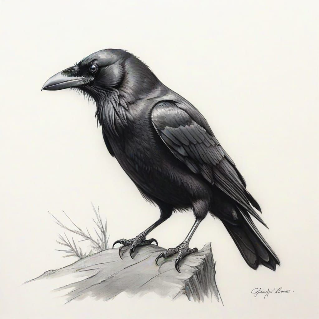 Detailed Charcoal and Pencil Sketch of a Crow