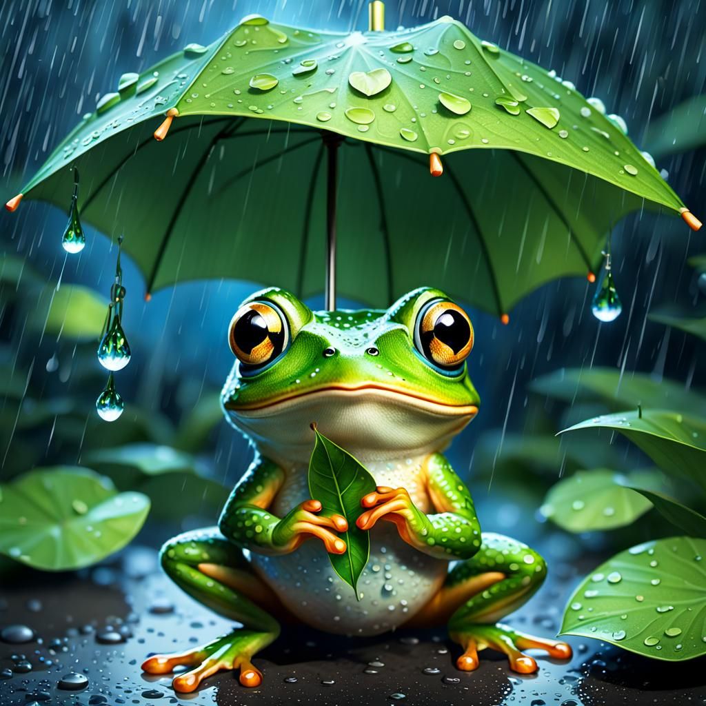 Charming Frog in Rain with Leaf Umbrella
