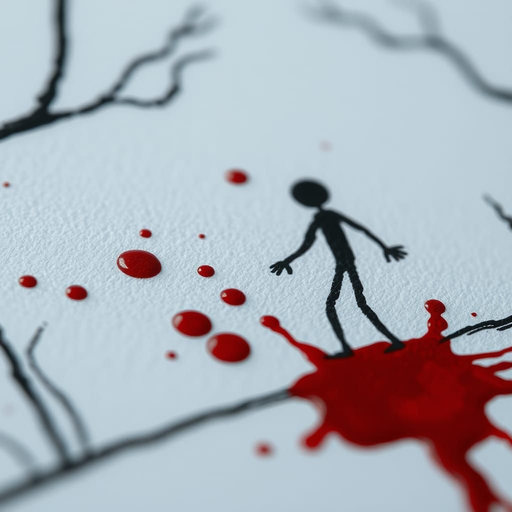 Stick Figure Horror Scene in Black and Red Ink