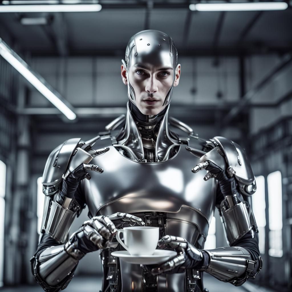 Handsome Metallic Robot Serving Tea