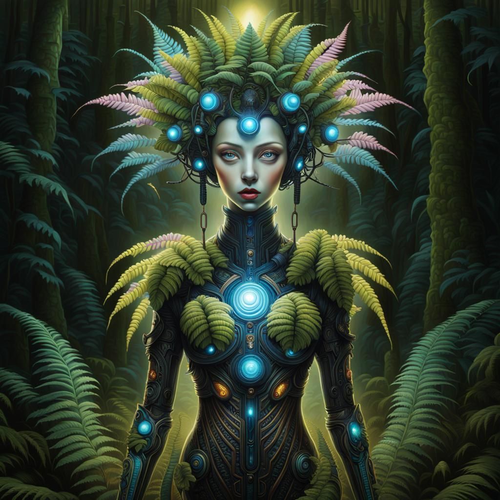 Cyborg and Fern in Biomechanical Forest Art