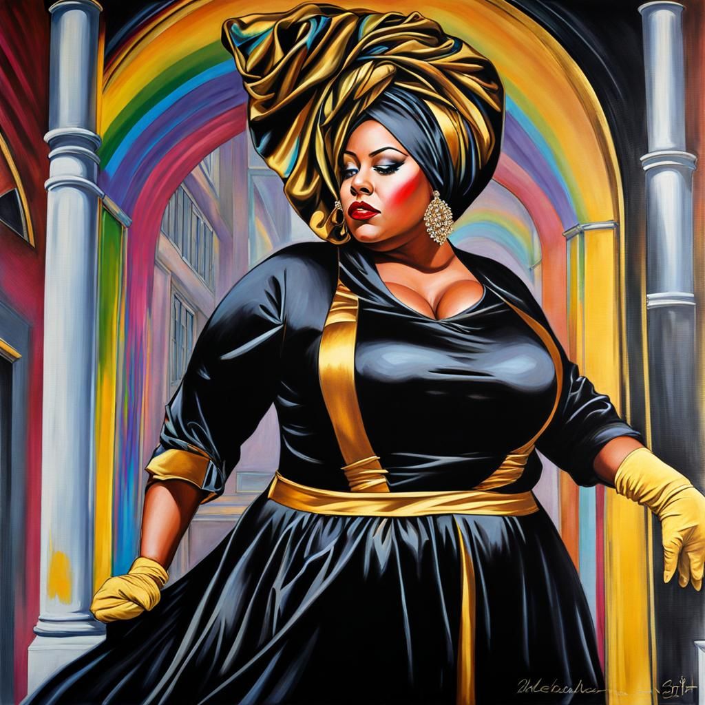 BBW Woman in Rainbow Satin, Graffiti Art Style