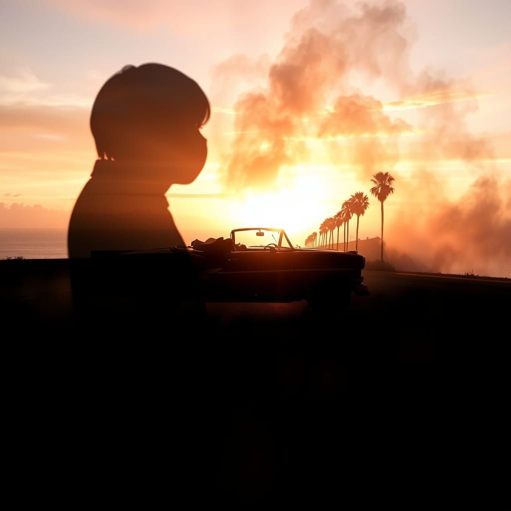 Classic Car Double Exposure: Coastal Highway Dreamscape