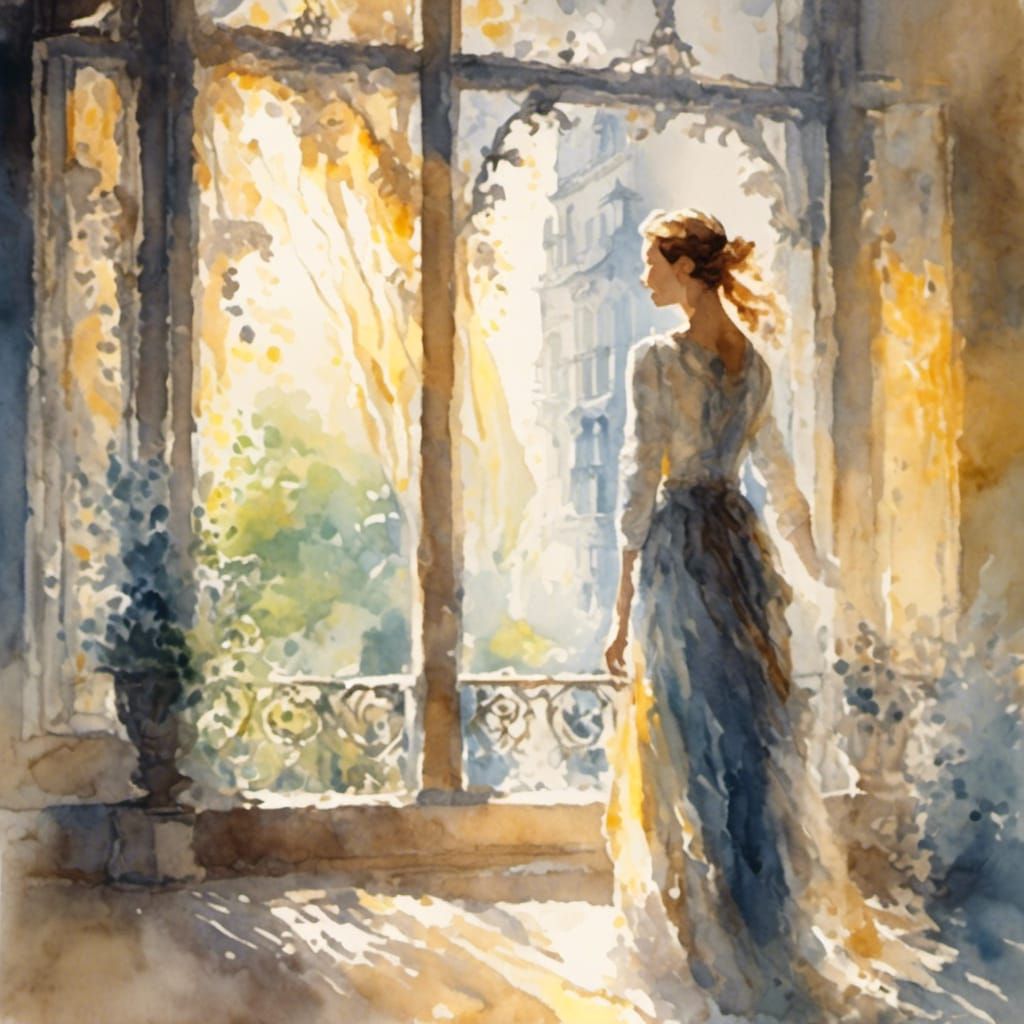 Elegant Woman in Watercolor with Soft Focus Lighting