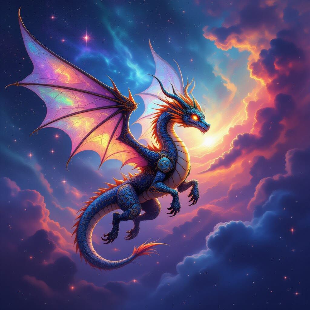 Clockwork Dragon Soaring Through a Vibrant Nebula
