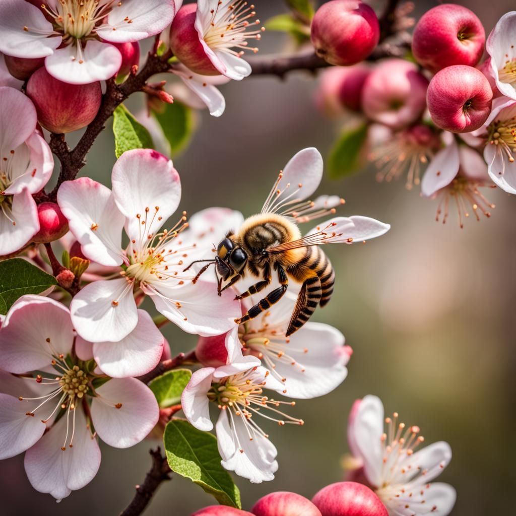 Honey Bee Pollinating Apple Tree in Hyperrealism