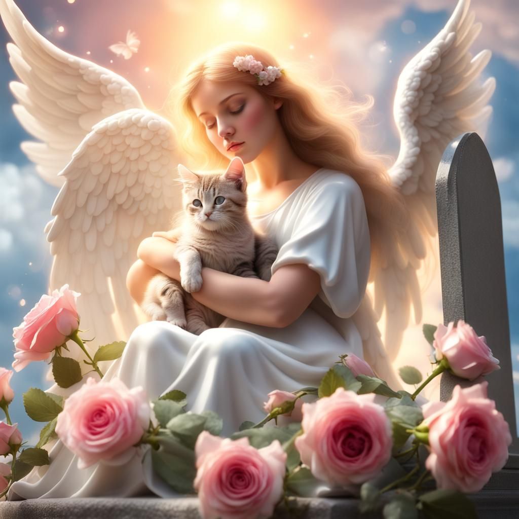 Crying Angel with Kitten Above Grave