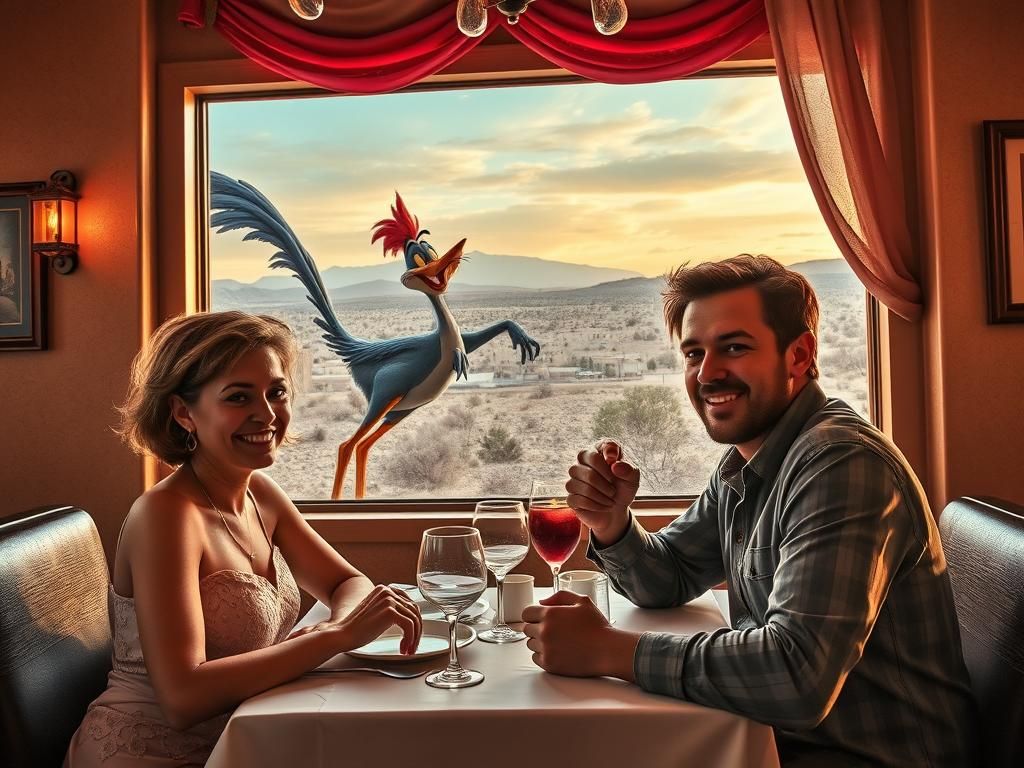Roadrunner and Coyote Crash Romantic Dinner: Photorealistic