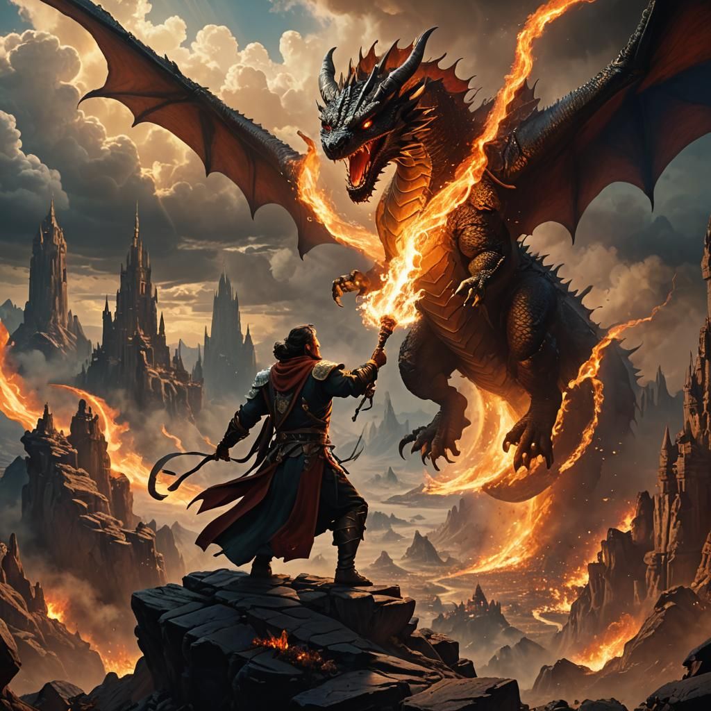 Epic Fantasy Mage Battles a Dragon in a Vast, Dramatic Lands...