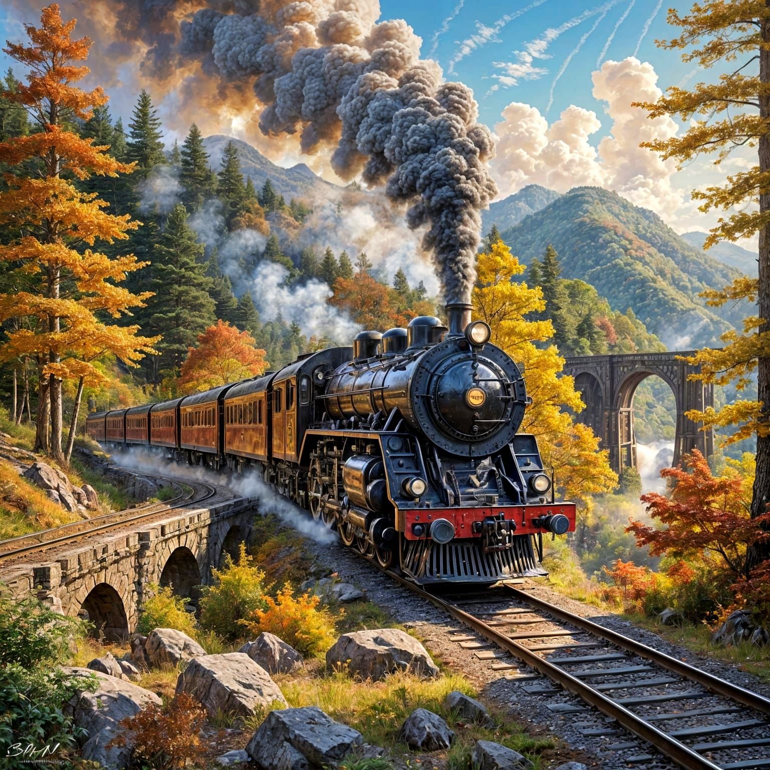 Steam Locomotive Crossing Autumn Landscape in Impressionist ...