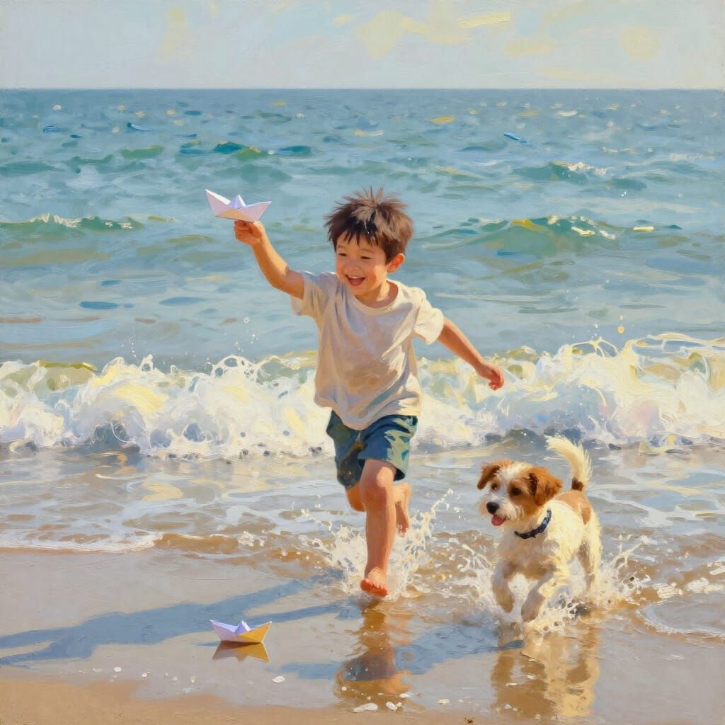 Child's First Sea Encounter with Paper Boats and Puppy