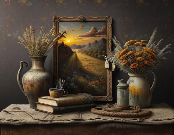 Rustic Still Life Oil Painting with Antique Objects