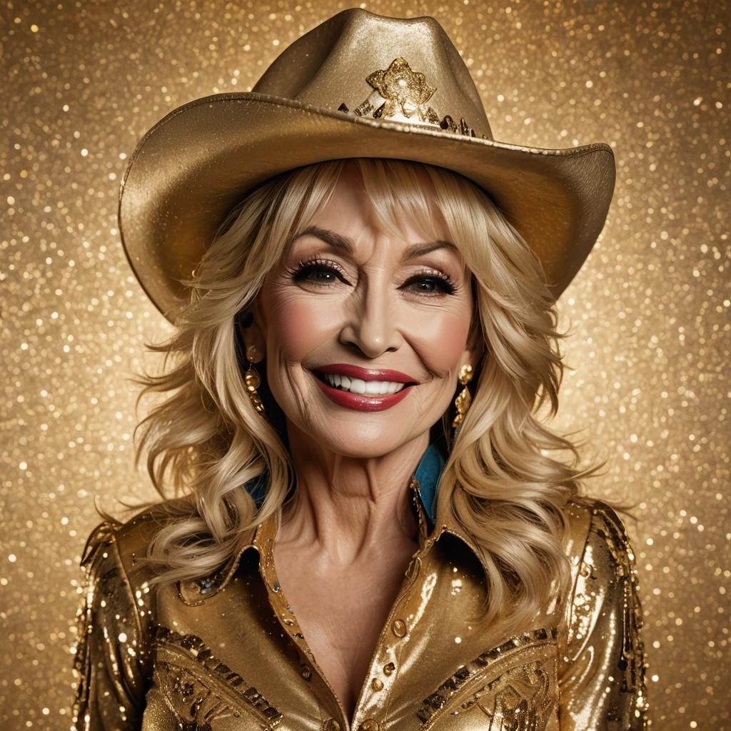 Dolly Parton Portrait with Golden Cowboy Hat