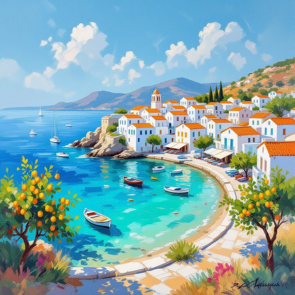 Idyllic Greek Harbour in Impressionist Style