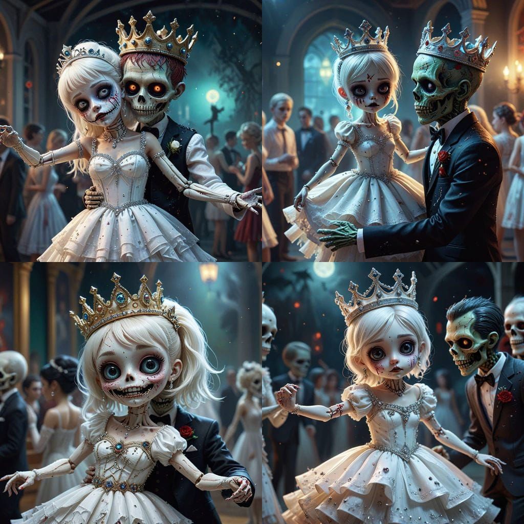 Chibi Zombie Prom Queen Dancing in Surreal Lighting