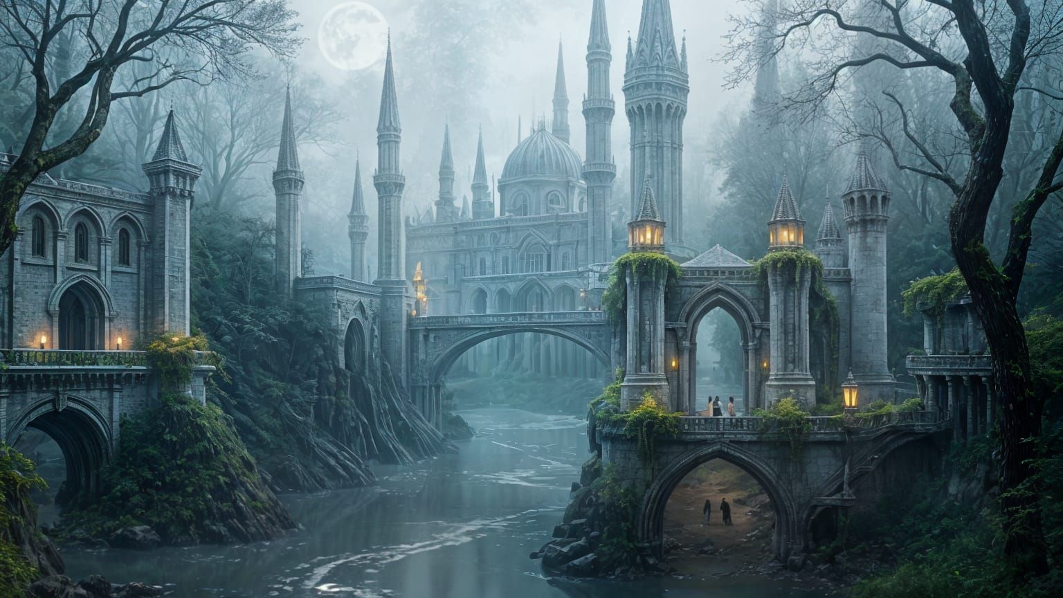 Misty Elven City with Crystal Bridges in Moonlight