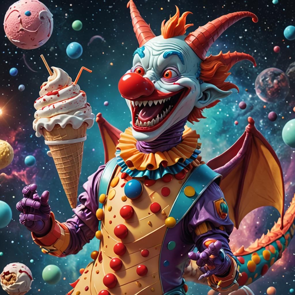 Clown Dragon Ice Cream in Space: 3D Digital Art