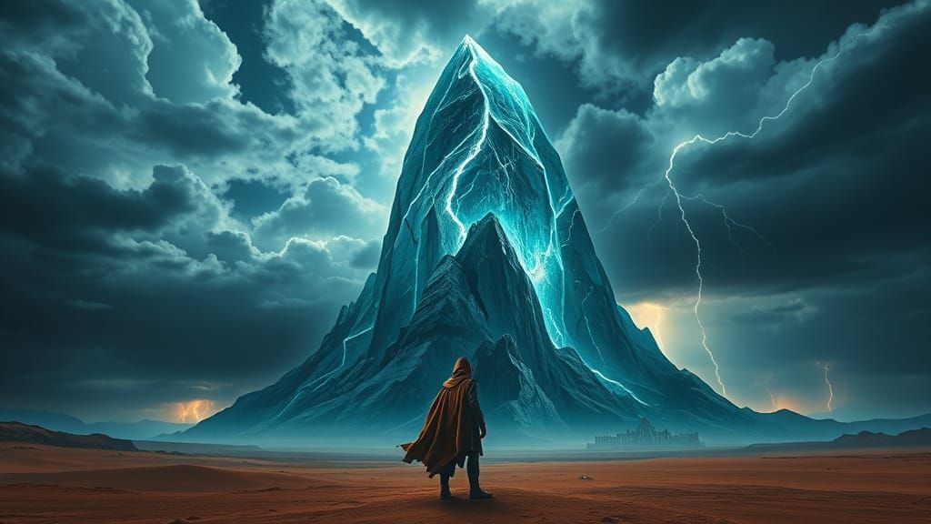 Colossal Turquoise Crystal Mountain in Stormy Desert