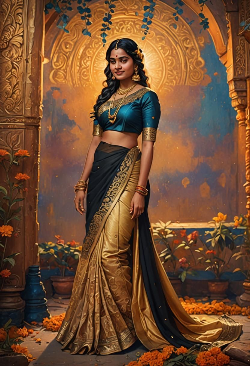 Ethereal Indian Woman in Golden Saree, Concept Art