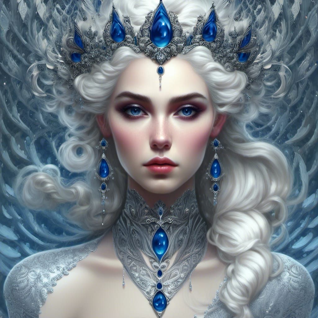 Cobalt Goddess Portrait in Art Nouveau Style