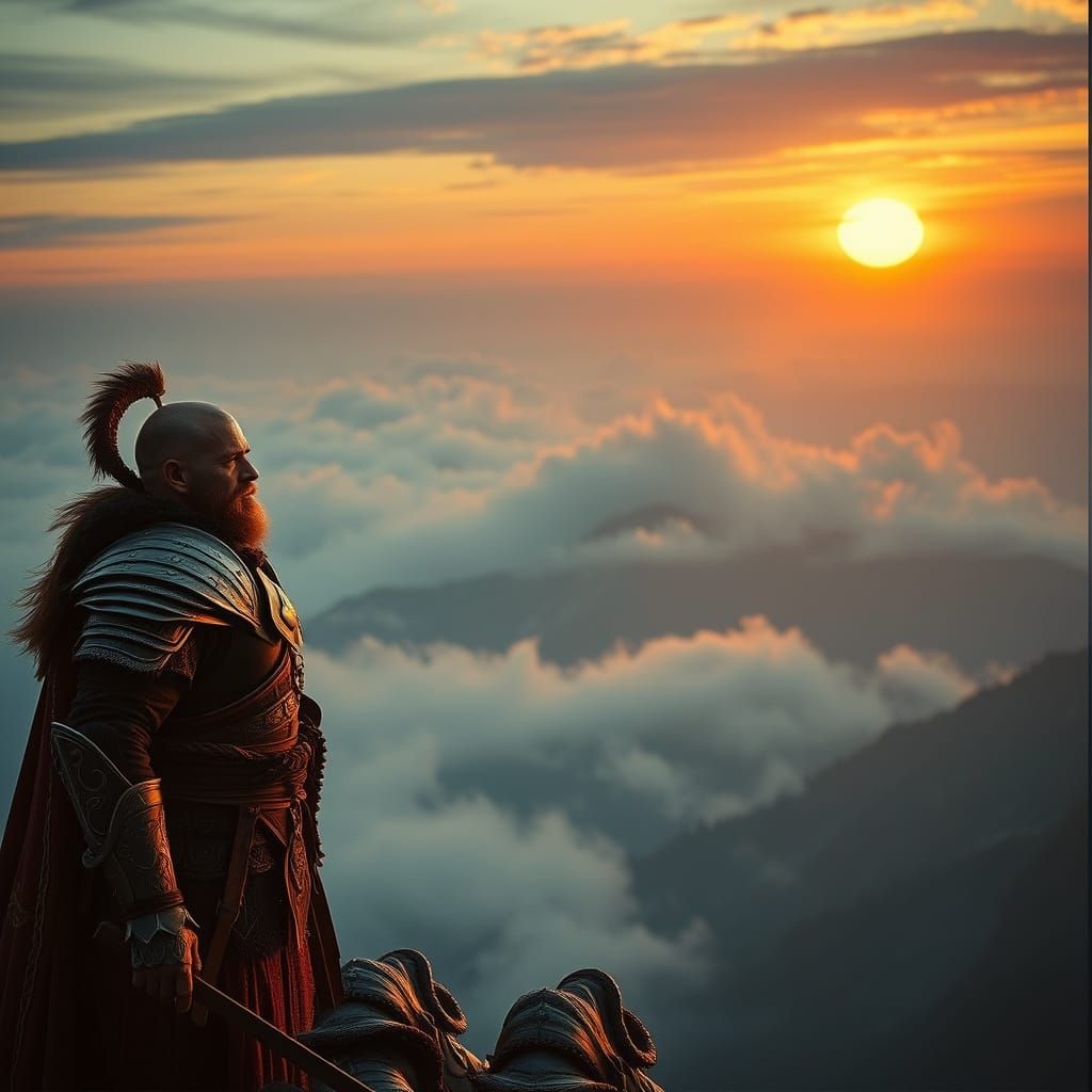 Epic Fantasy Warrior Triumphs on Golden Mountain Peak