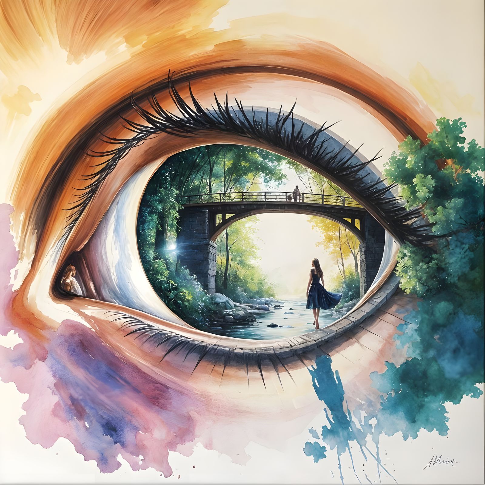 Eye Containing Spring Landscape in Gouache Style