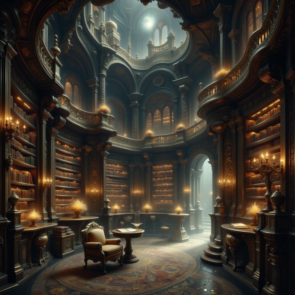Ethereal Library with Lunar Glow: Painterly Style