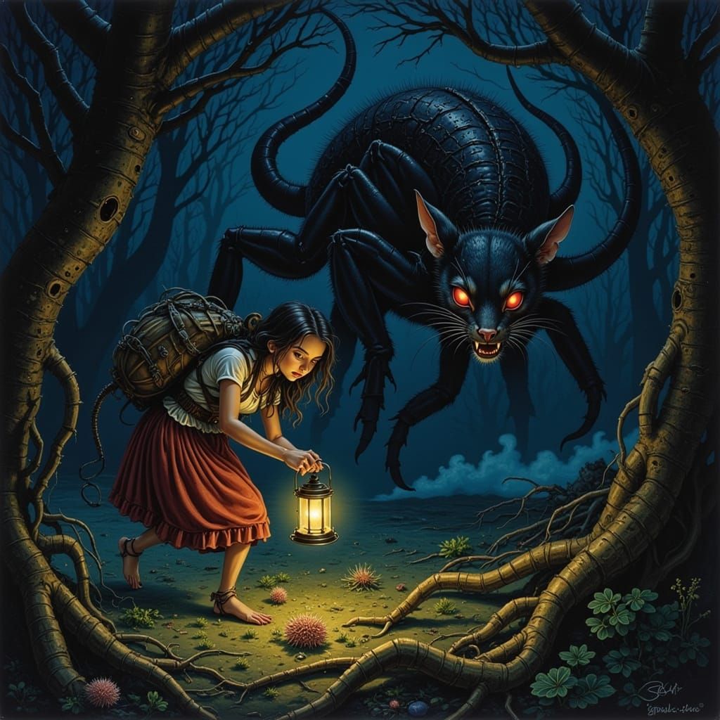 Dark Fantasy Woman Searches Woods for Herbs, Pursued by Shad...