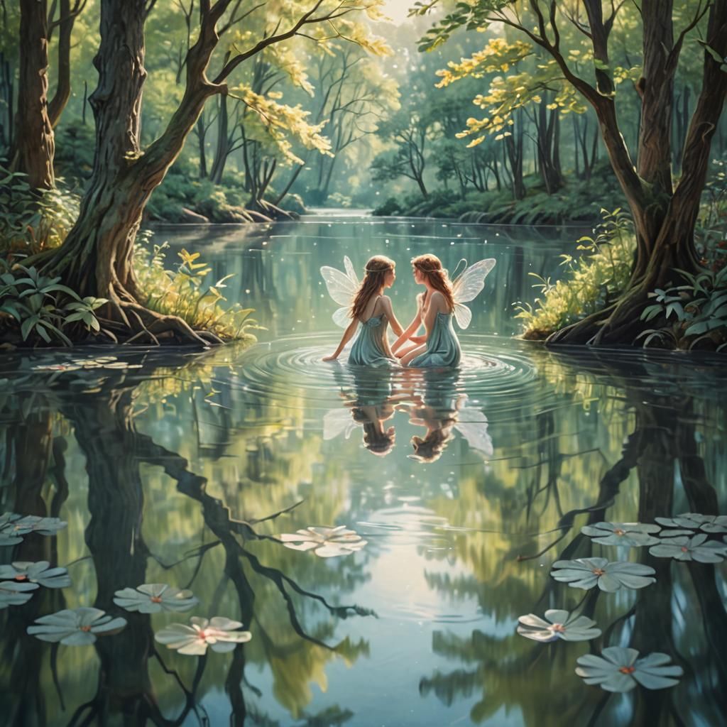 Nymphs Playing in Enchanted Forest: Watercolor Illustration