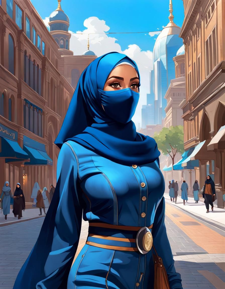 Hijabi Woman in Cityscape: Hyperdetailed Digital Portrait