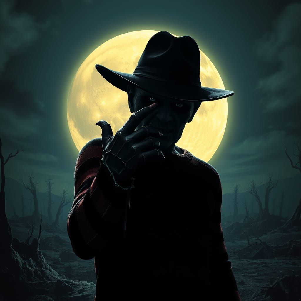 Freddy Krueger Silhouette in Post-Apocalyptic Landscape