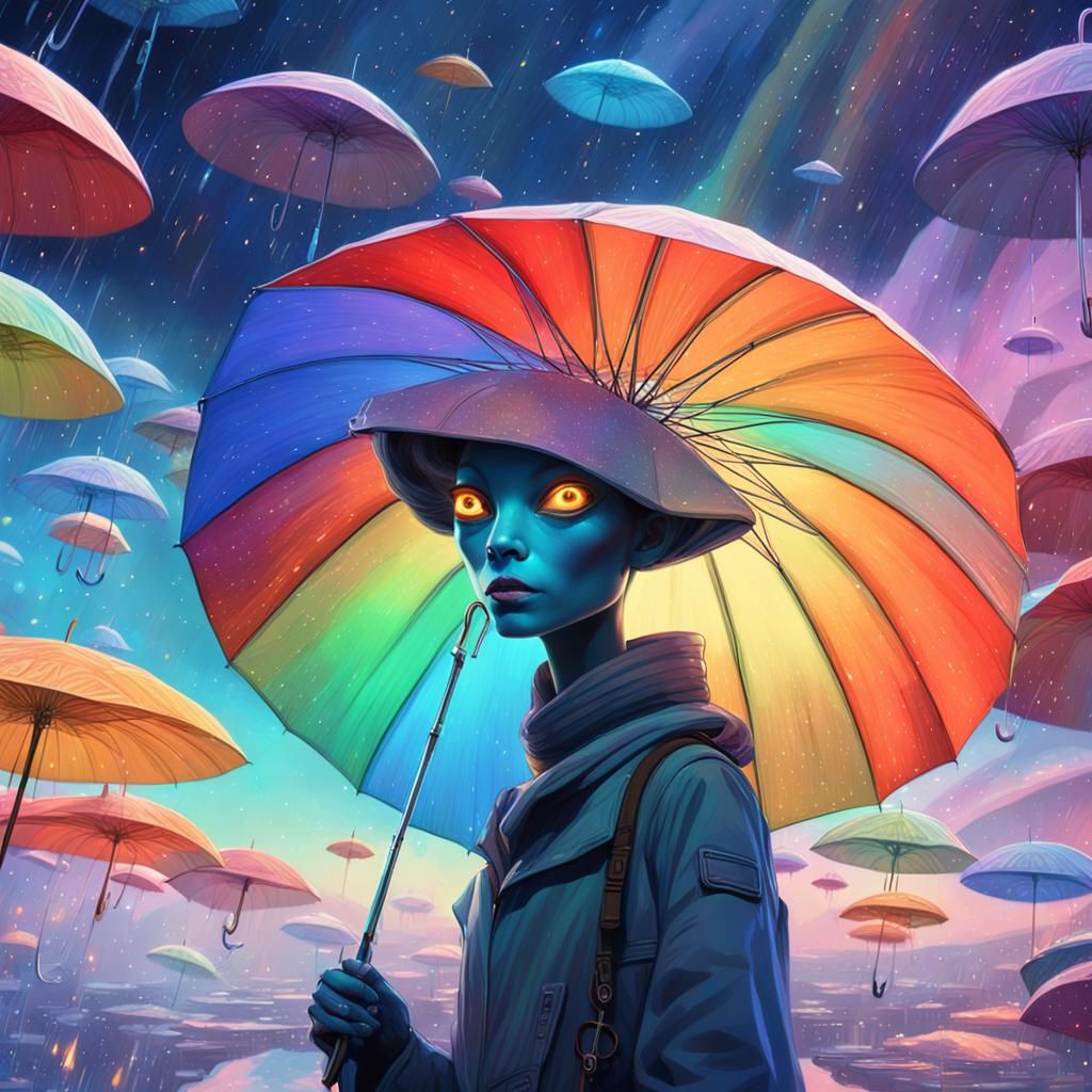 Ethereal Space Traveler in Whimsical Rainbow Umbrellas