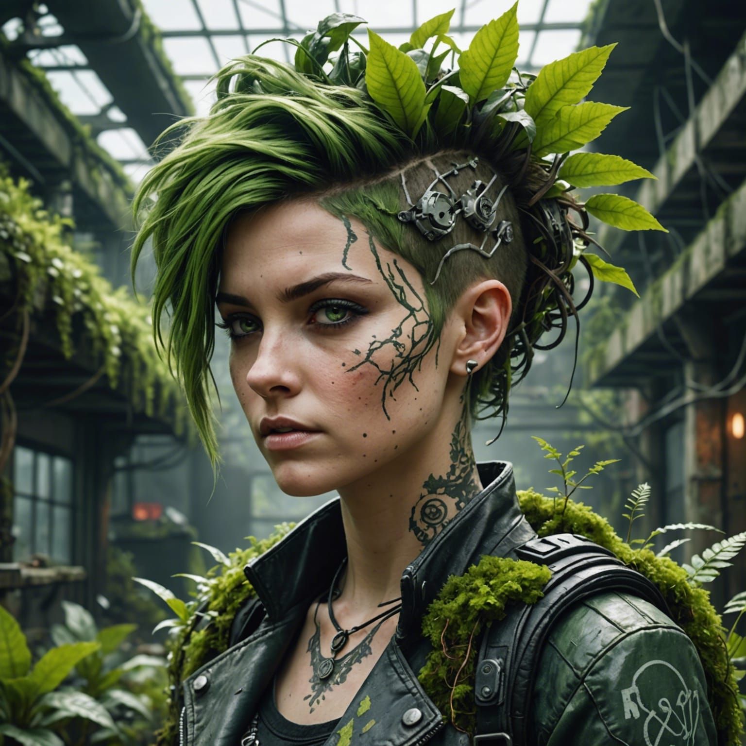 Cyberpunk Woman in Dystopian Greenery