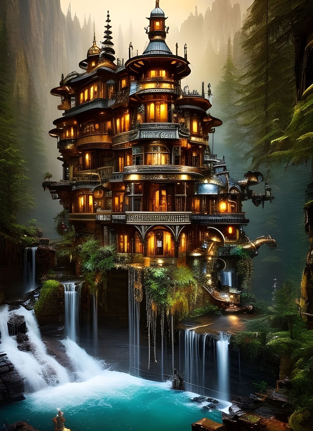 Steampunk Mansion Waterfall: Detailed Fantasycore Artwork